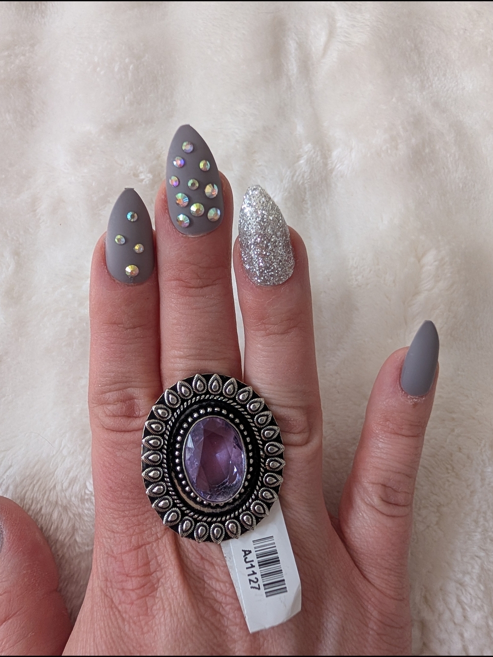 Large Faceted Amethyst German Silver Boho Statement Ring Size 8